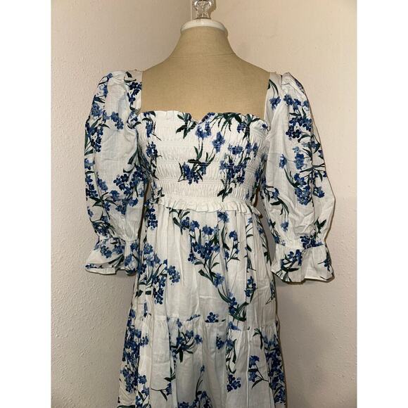Especia White Floral Tiered Smocked Square Neck Boho Cotton Dress Size M - Picture 2 of 6